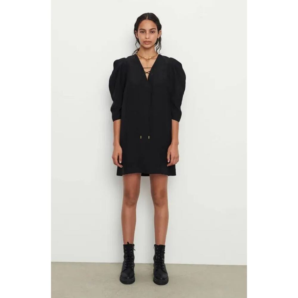 BA&SH PARIS Beny Linen Blend Lace-Up Puff Sleeve Shift Dress Shopbop 6 M $315